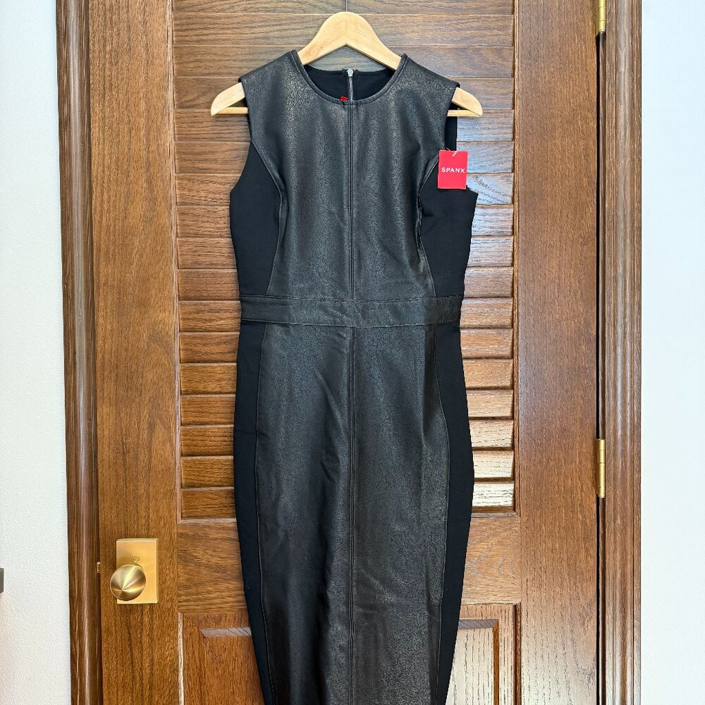 Spanx Leather-Like Combo Fitted Dress, size small in black